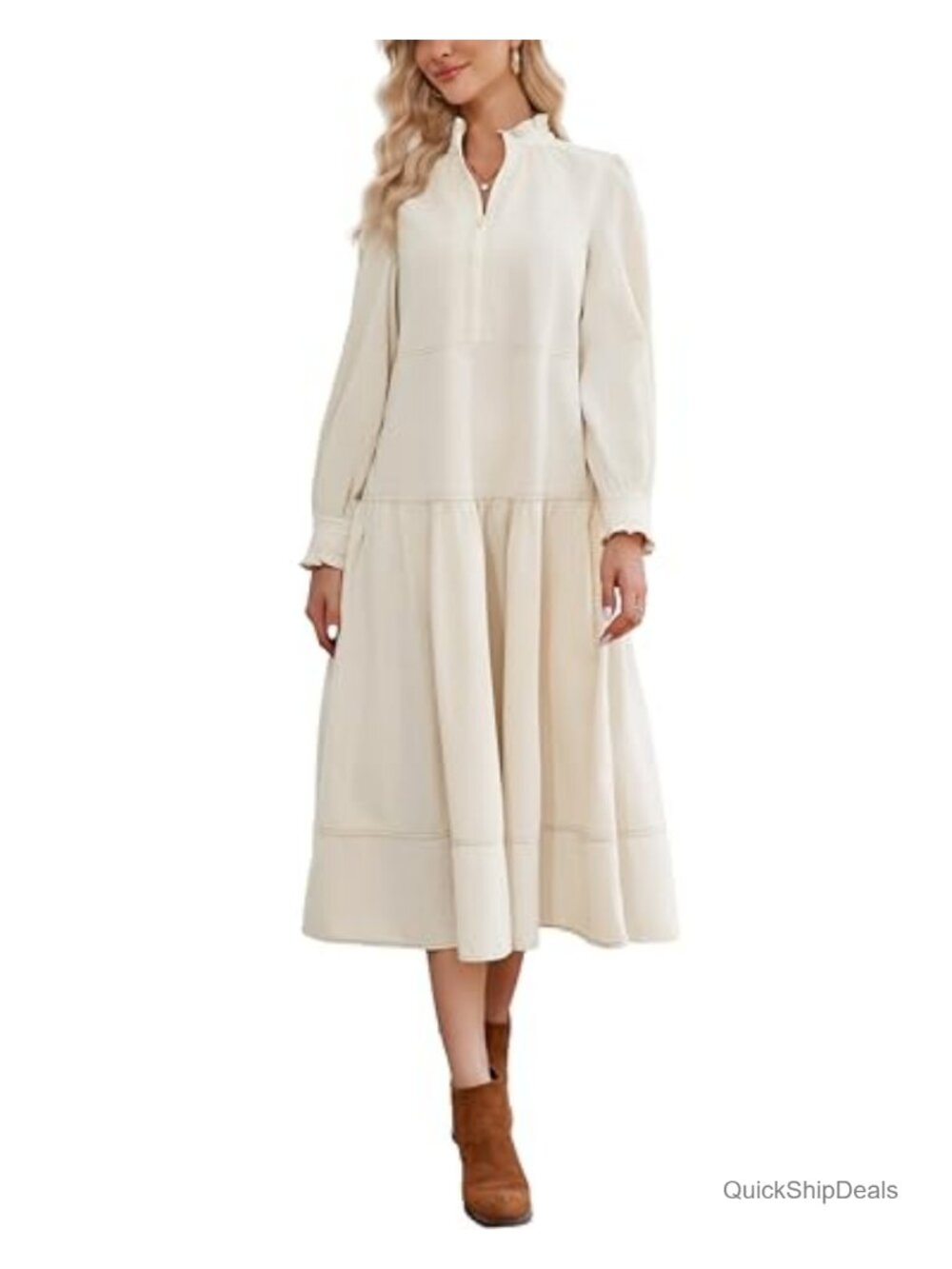 Corduroy Maxi Dress Women's Long Sleeve Ruffle Mock Neck Flowy Vintage Casual